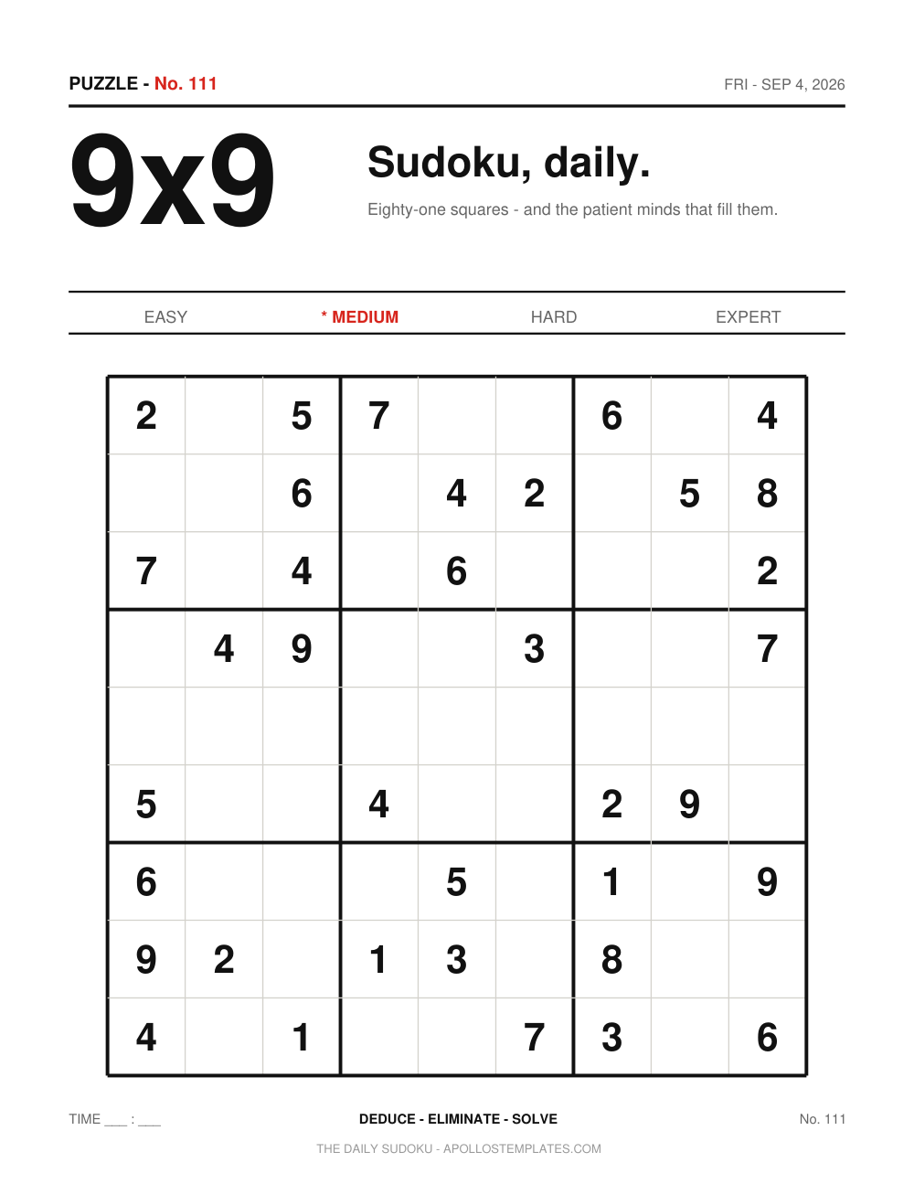 A daily sudoku edition page with a large centered nine-by-nine grid, the edition number and date in a newspaper-style header