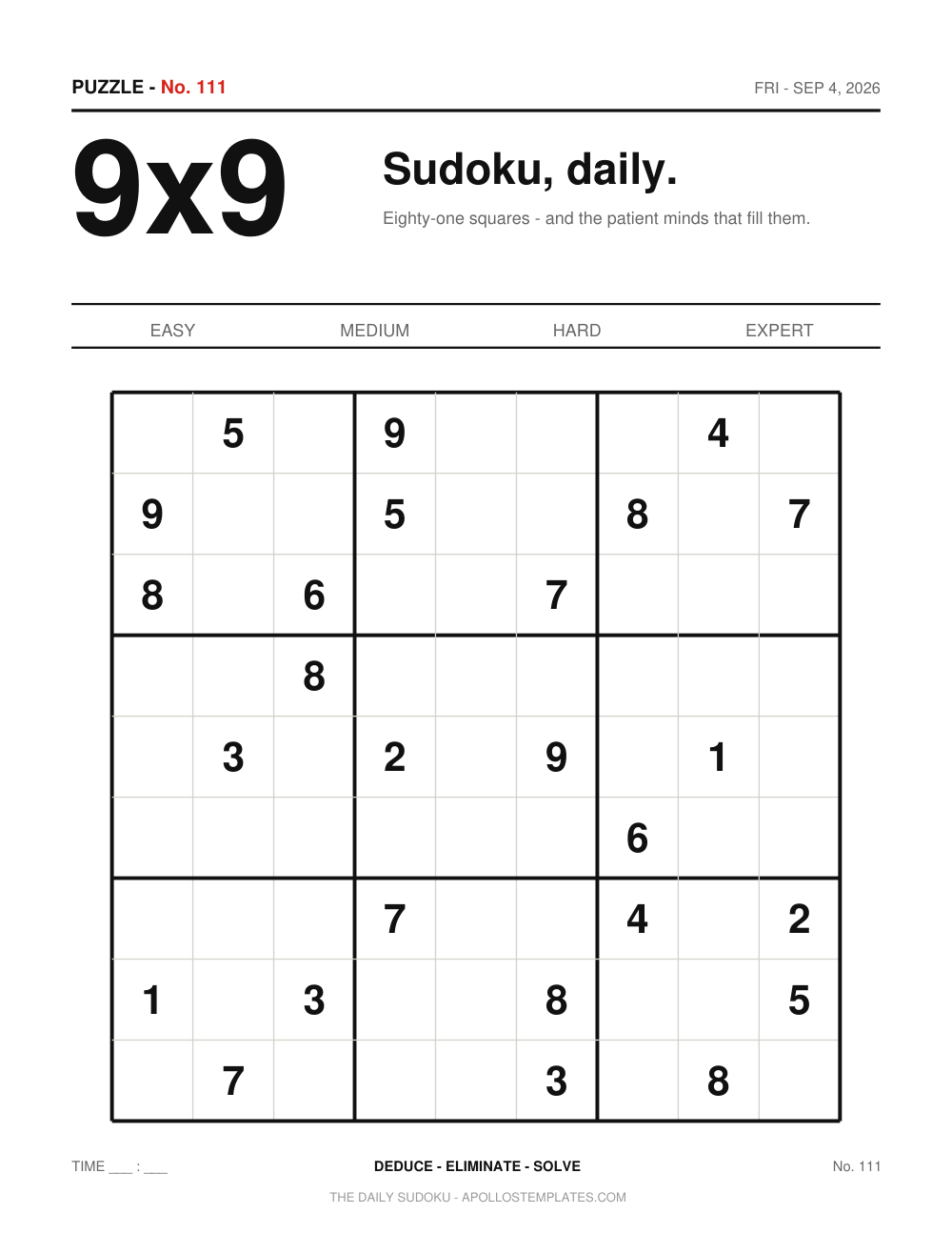 Daily Sudoku sadistic edition page with a large 9x9 headline, edition number and date, an unmarked difficulty tab strip and one big grid with only a scattering of givens