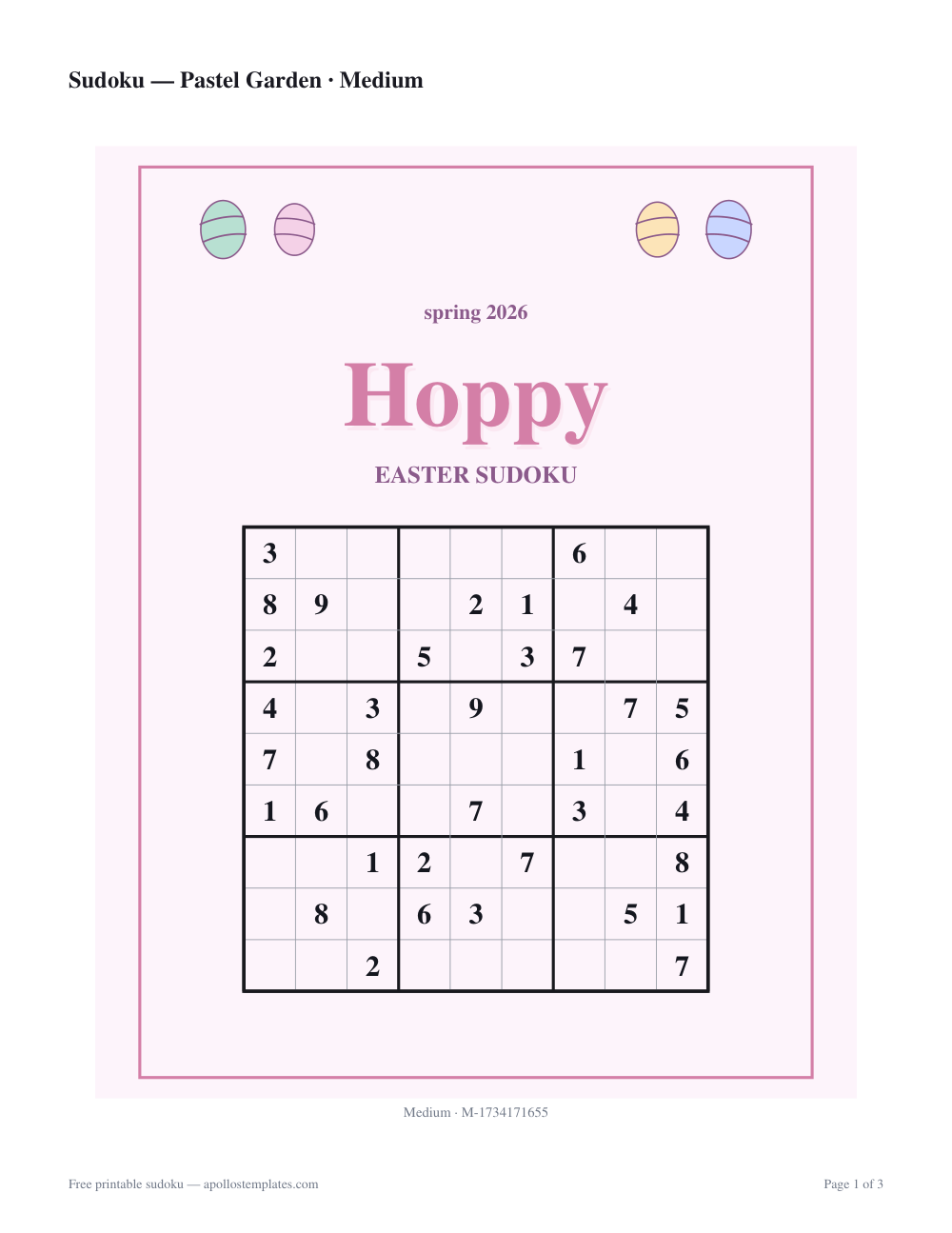 Easter sudoku sheet on pale pink with pastel eggs in the top corners and a script Hoppy title above the 9×9 grid