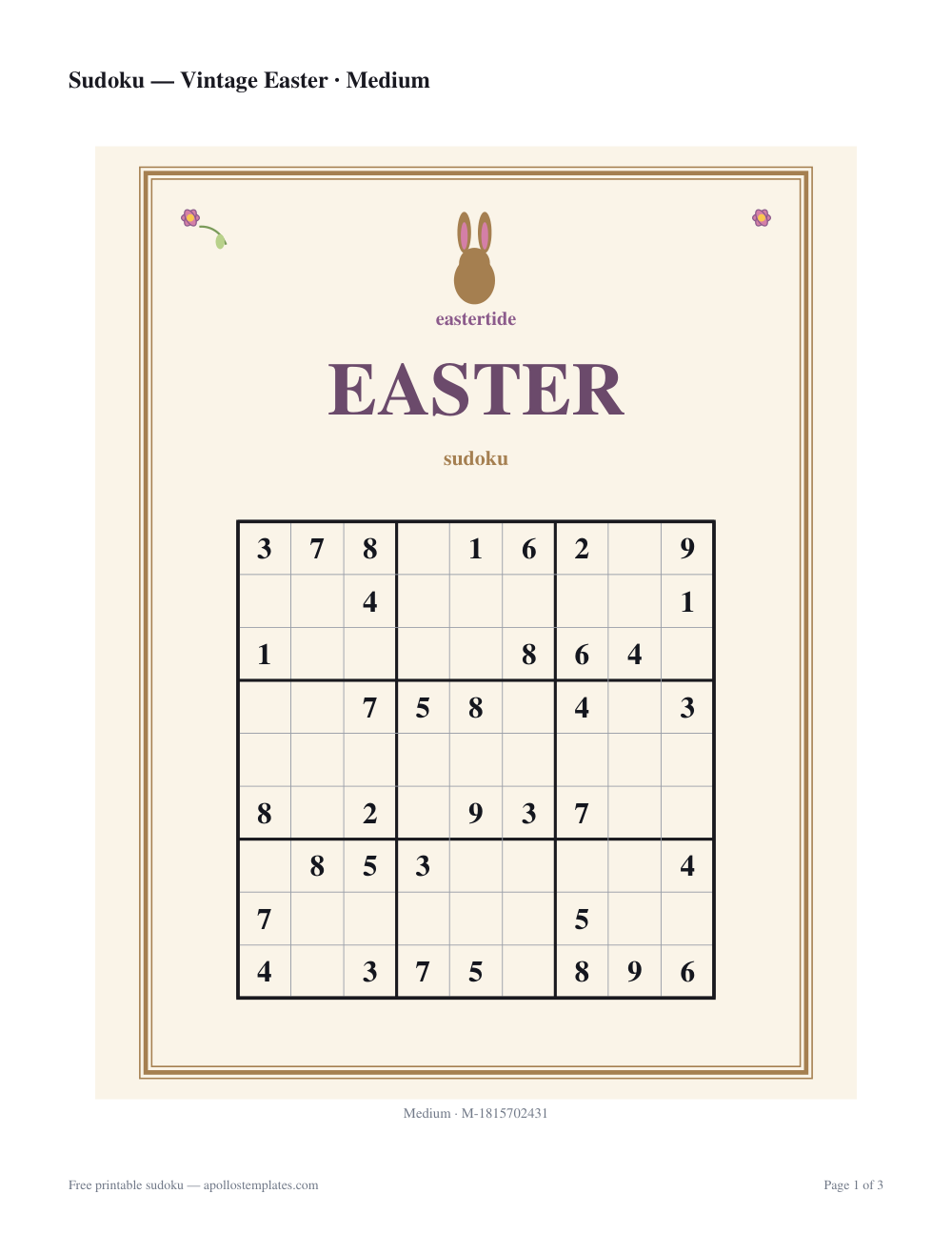 Cream Easter sudoku sheet with a tan frame, a small bunny above a purple EASTER heading and tiny florals in the corners
