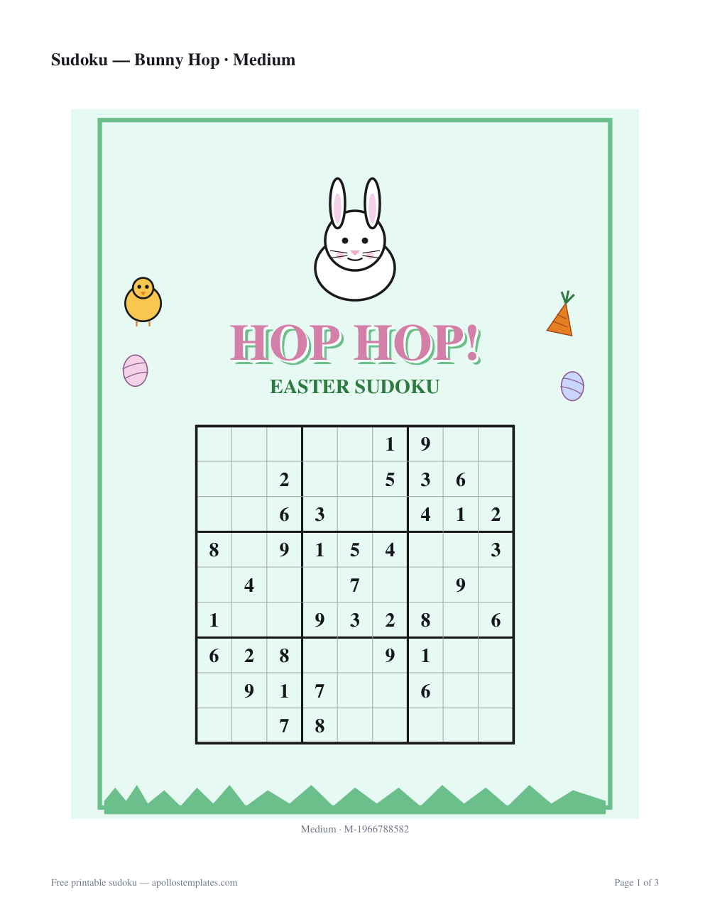 Kid-friendly Easter sudoku sheet on mint green with a big cartoon bunny face, a chick and a carrot, a HOP HOP! title and grass along the bottom edge