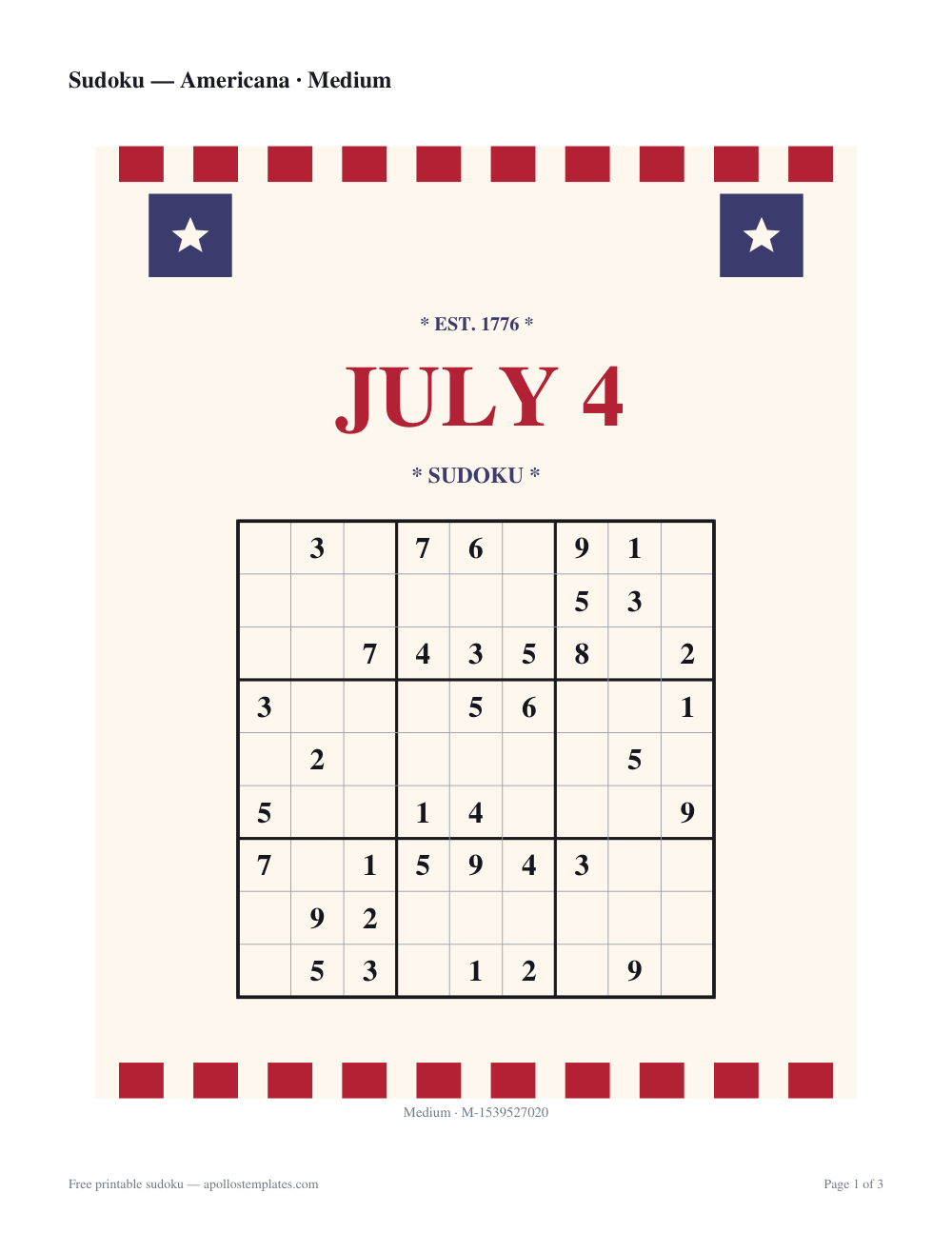 Fourth of July sudoku sheet on cream with red checked bands top and bottom, navy star boxes in the corners and a red JULY 4 title above the 9×9 grid