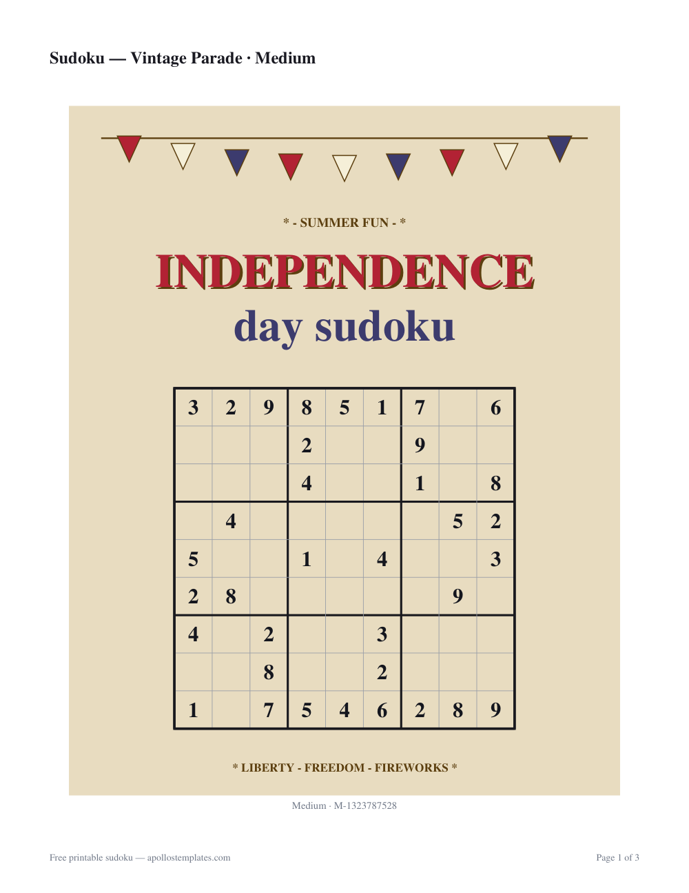 Kraft-paper Fourth of July sudoku sheet with red, white and blue bunting across the top and an INDEPENDENCE day sudoku heading over the grid