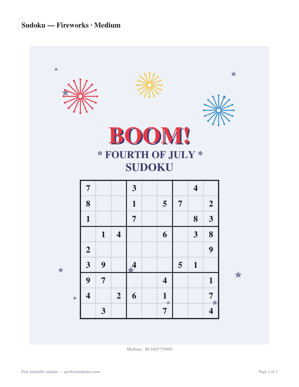 Kid-friendly Fourth of July sudoku sheet on pale blue with firework bursts around a BOOM headline and the grid below