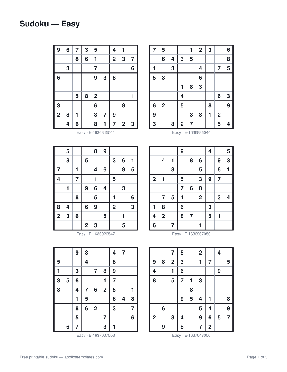 A generator sheet of easy sudoku puzzles printed six to a page with the puzzle ids beneath each grid