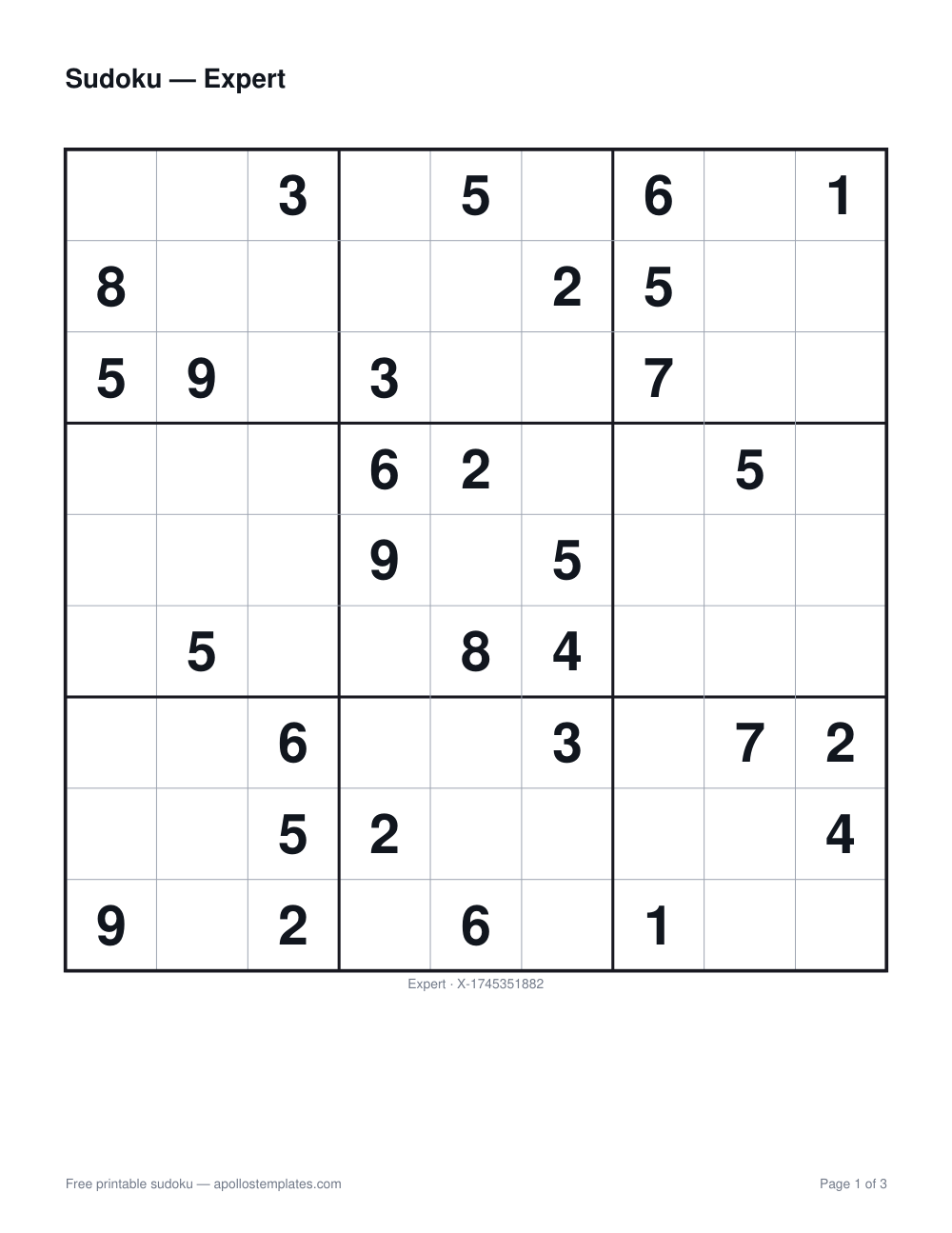 A single expert sudoku puzzle centered on a page with sparse givens and its id printed beneath the grid