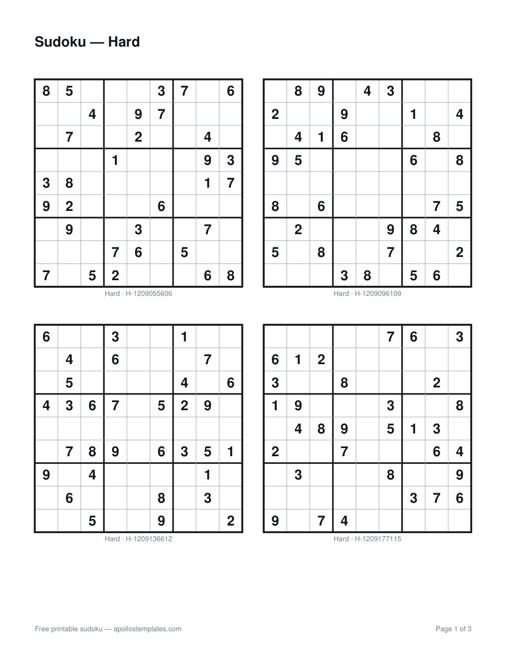 Two hard sudoku puzzles stacked on one page with roomy cells for pencil marks and an id beneath each grid
