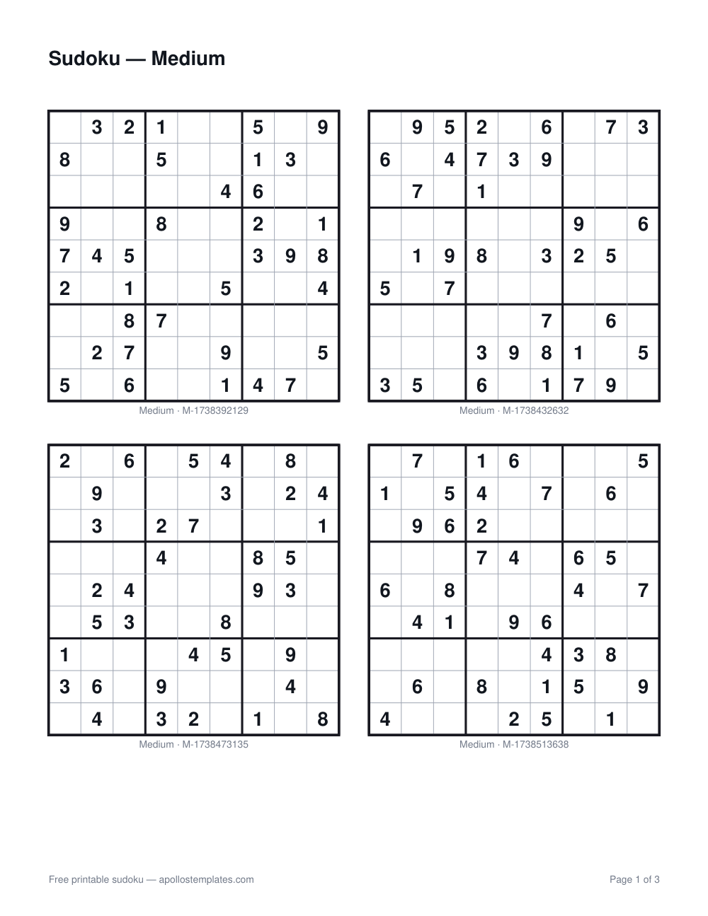Four medium sudoku puzzles in a two-by-two layout on one page, each grid with its difficulty-and-seed id printed below