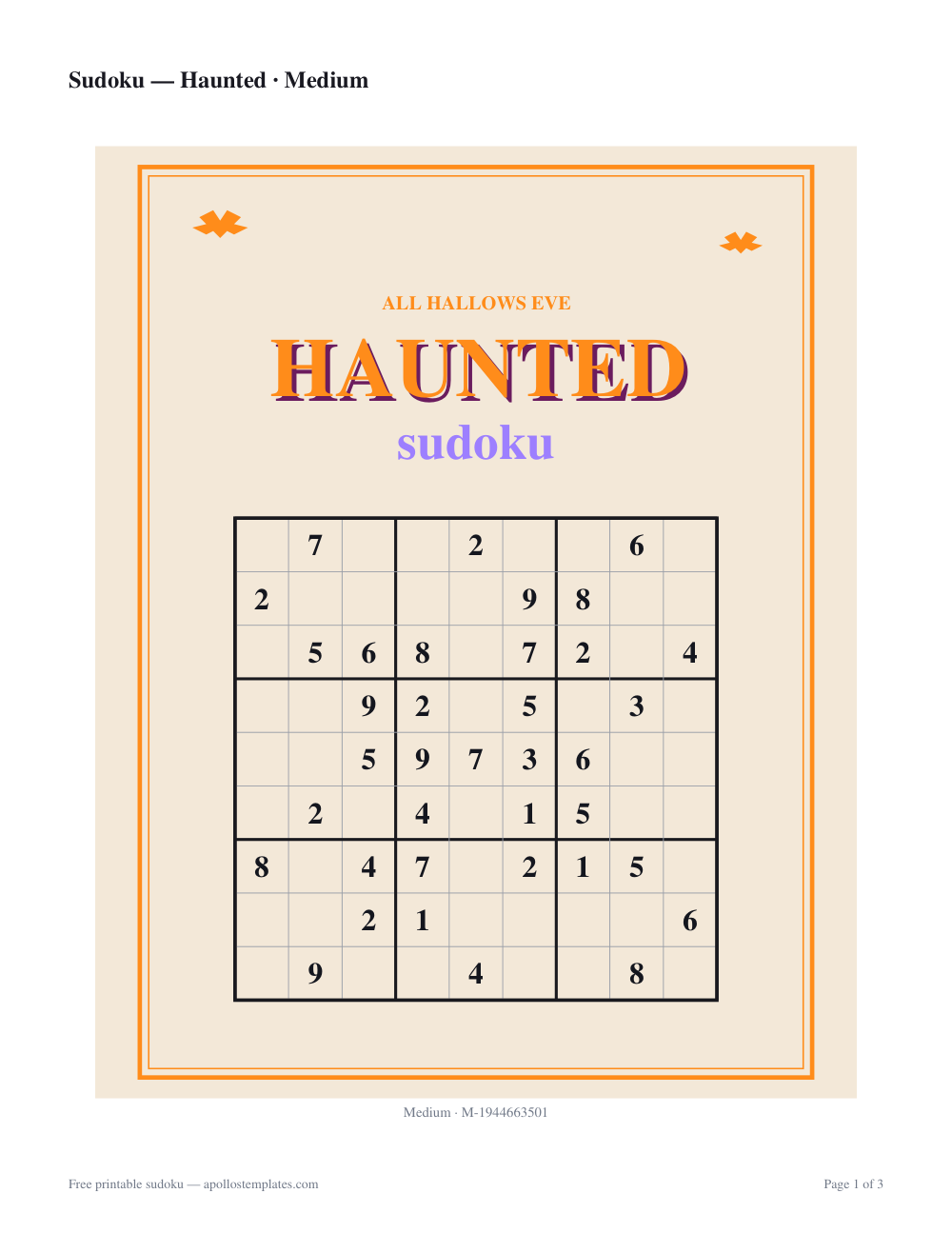 Halloween sudoku sheet on a cream page with an orange spooky-serif HAUNTED title, small bats in the margins and the 9×9 grid centered below