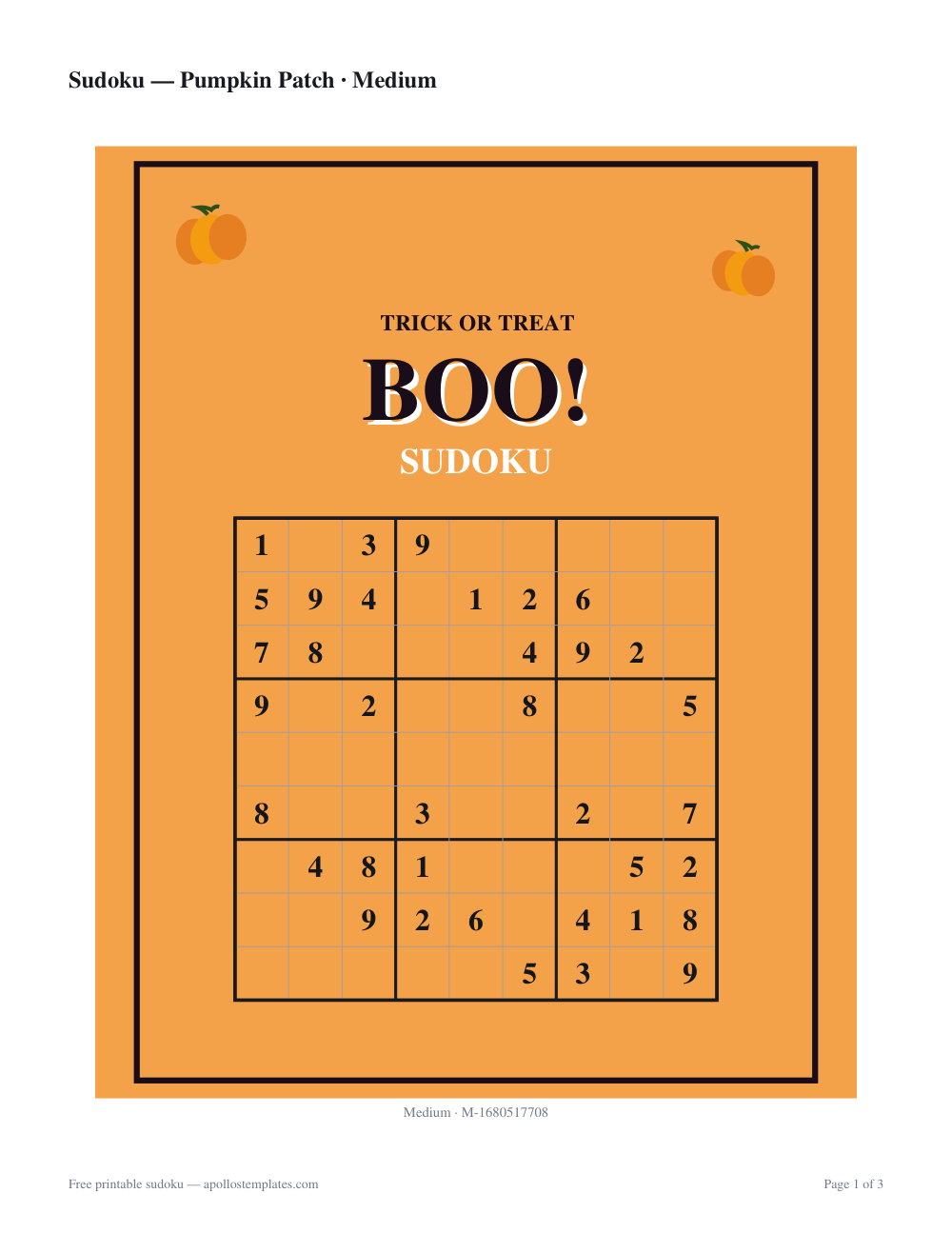 Halloween sudoku sheet on a warm orange page with a pumpkin in each top corner and a bold TRICK OR TREAT BOO! headline over the 9×9 grid