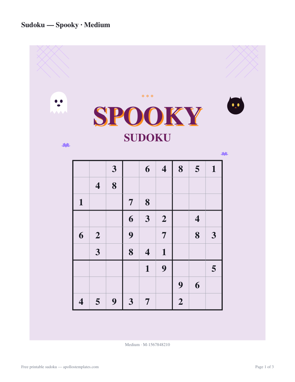 Kid-friendly Halloween sudoku sheet on lavender with a small ghost and a black cat beside a SPOOKY SUDOKU title and faint web patterns in the corners