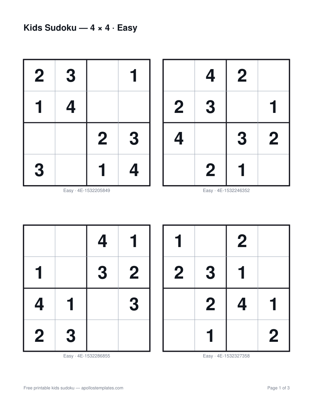 Four small four-by-four kids sudoku puzzles arranged two by two on one page with ids beneath each grid
