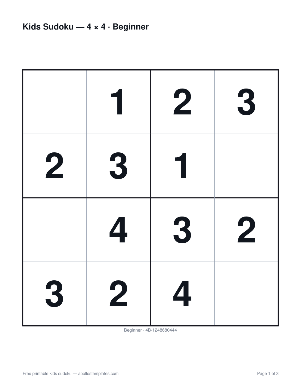 A single large four-by-four kids sudoku on a page with only three empty cells and big bold digits 1 to 4