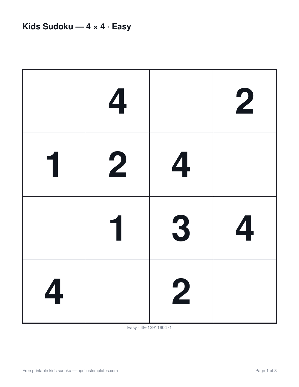 A large four-by-four kids sudoku with about half the cells empty and thick lines dividing the four two-by-two boxes