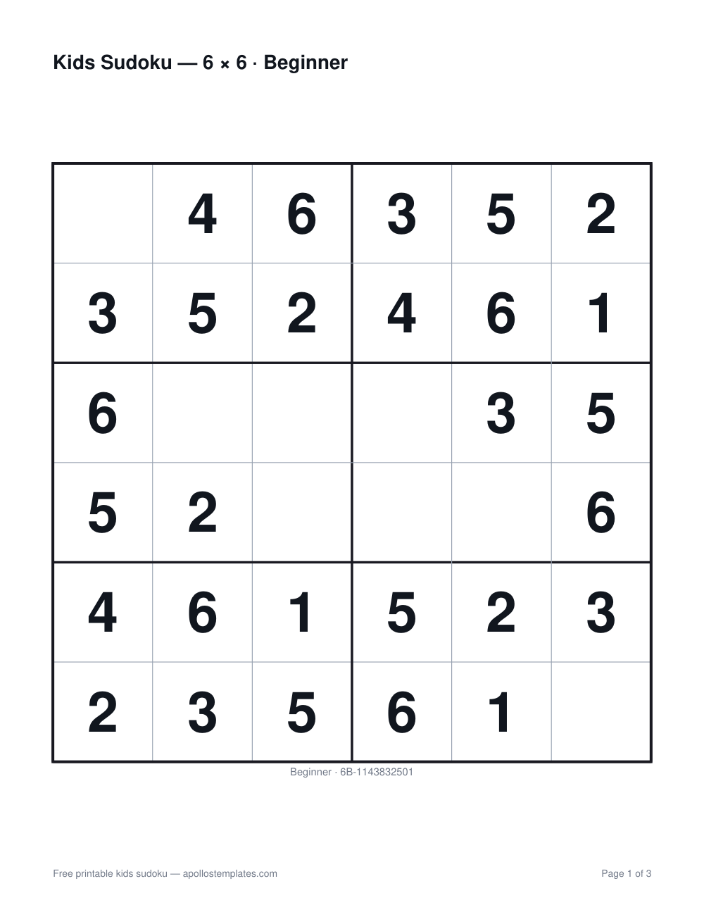 A large six-by-six kids sudoku with most cells already filled and heavy lines marking the three-wide two-tall boxes