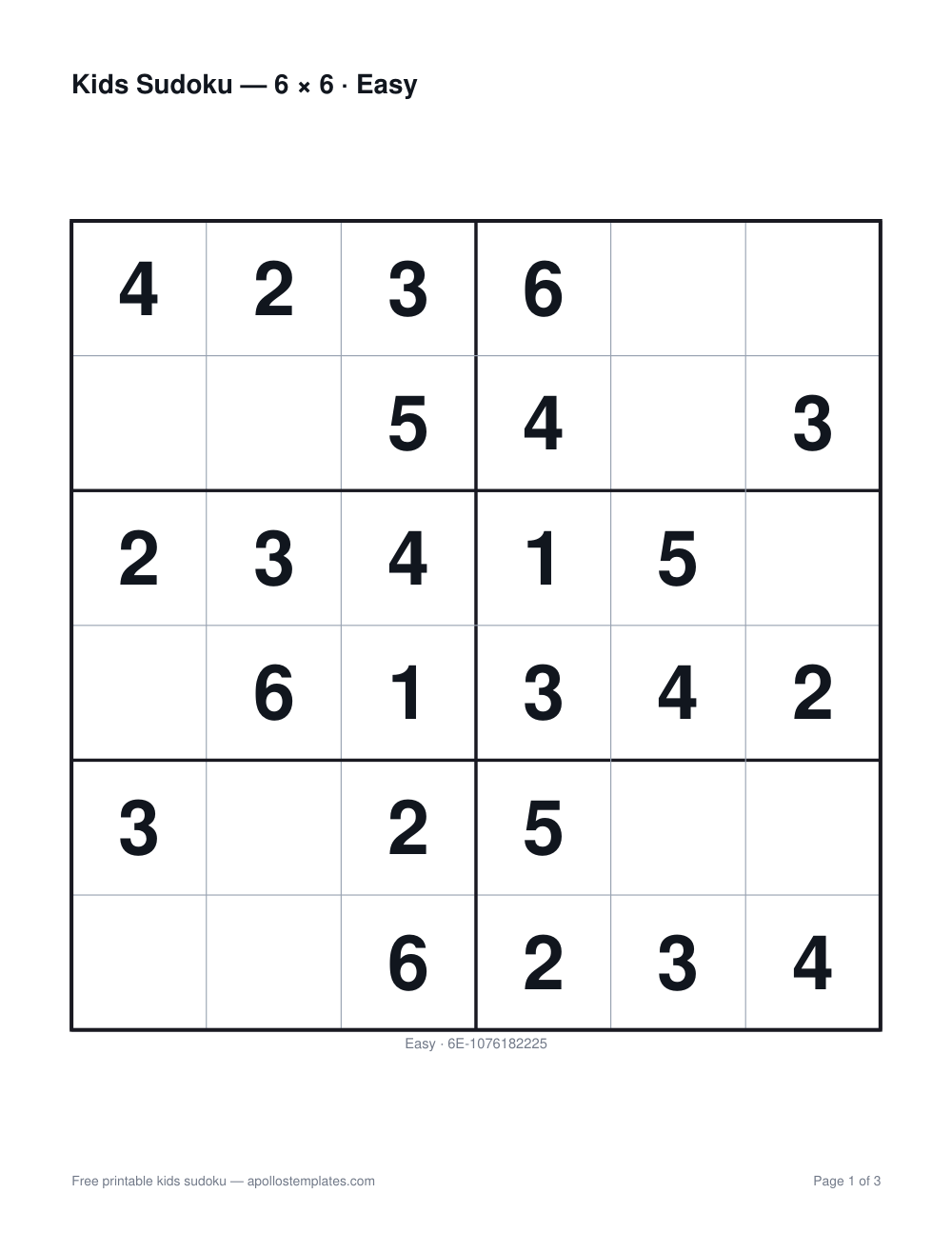 A six-by-six kids sudoku with roughly half the cells empty and bold digits 1 to 6