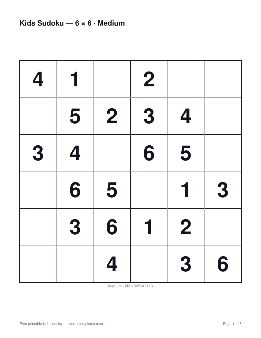 A six-by-six kids sudoku with more than half the cells empty, still with large digits and heavy box lines