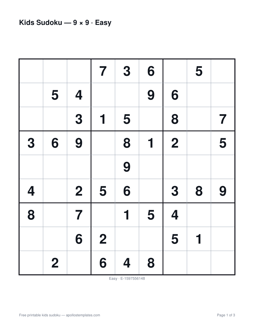 A large nine-by-nine kids sudoku at Easy with many givens filled in and the standard three-by-three boxes