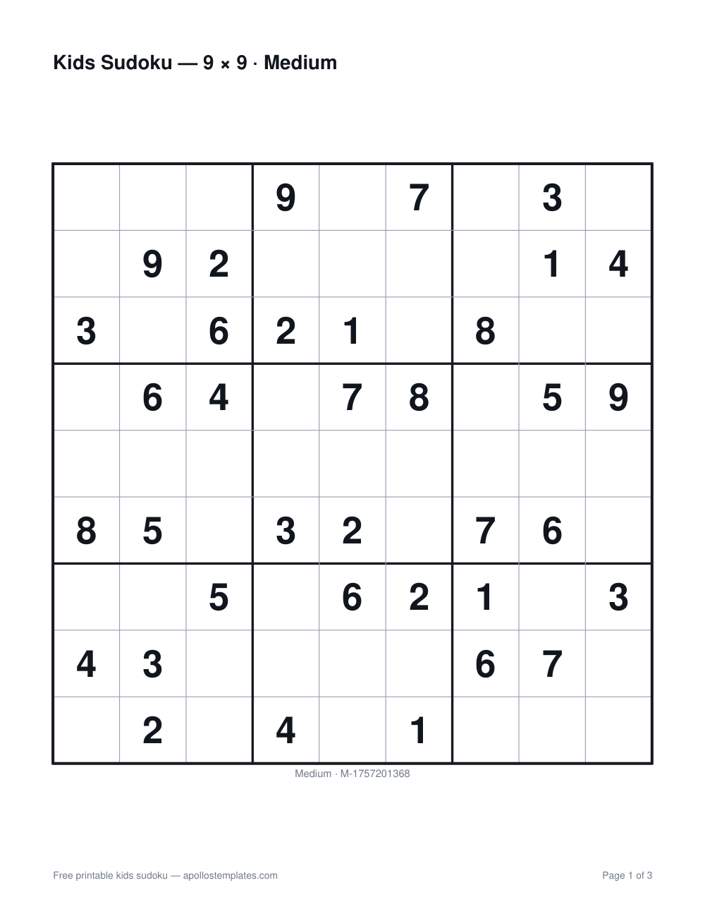 A nine-by-nine kids sudoku at Medium with fewer givens than the Easy sheet and the same large cells