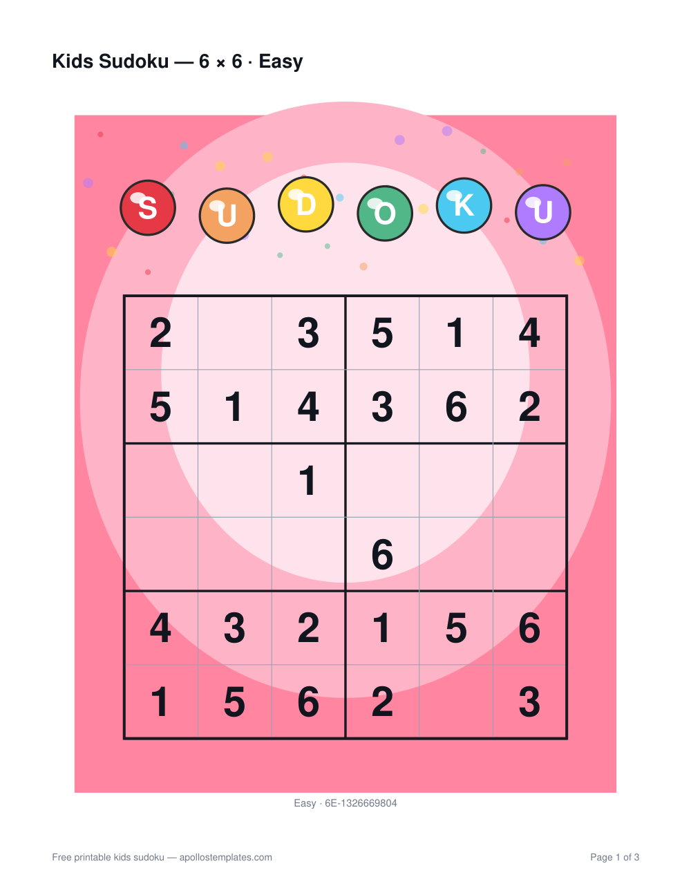 Pink kids sudoku sheet with six coloured gumballs spelling SUDOKU across the top and a 6×6 grid set on a large pale circle