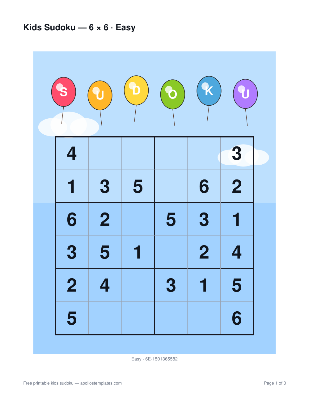 Blue-sky kids sudoku sheet with six balloons on strings spelling SUDOKU above a 6×6 grid and small clouds