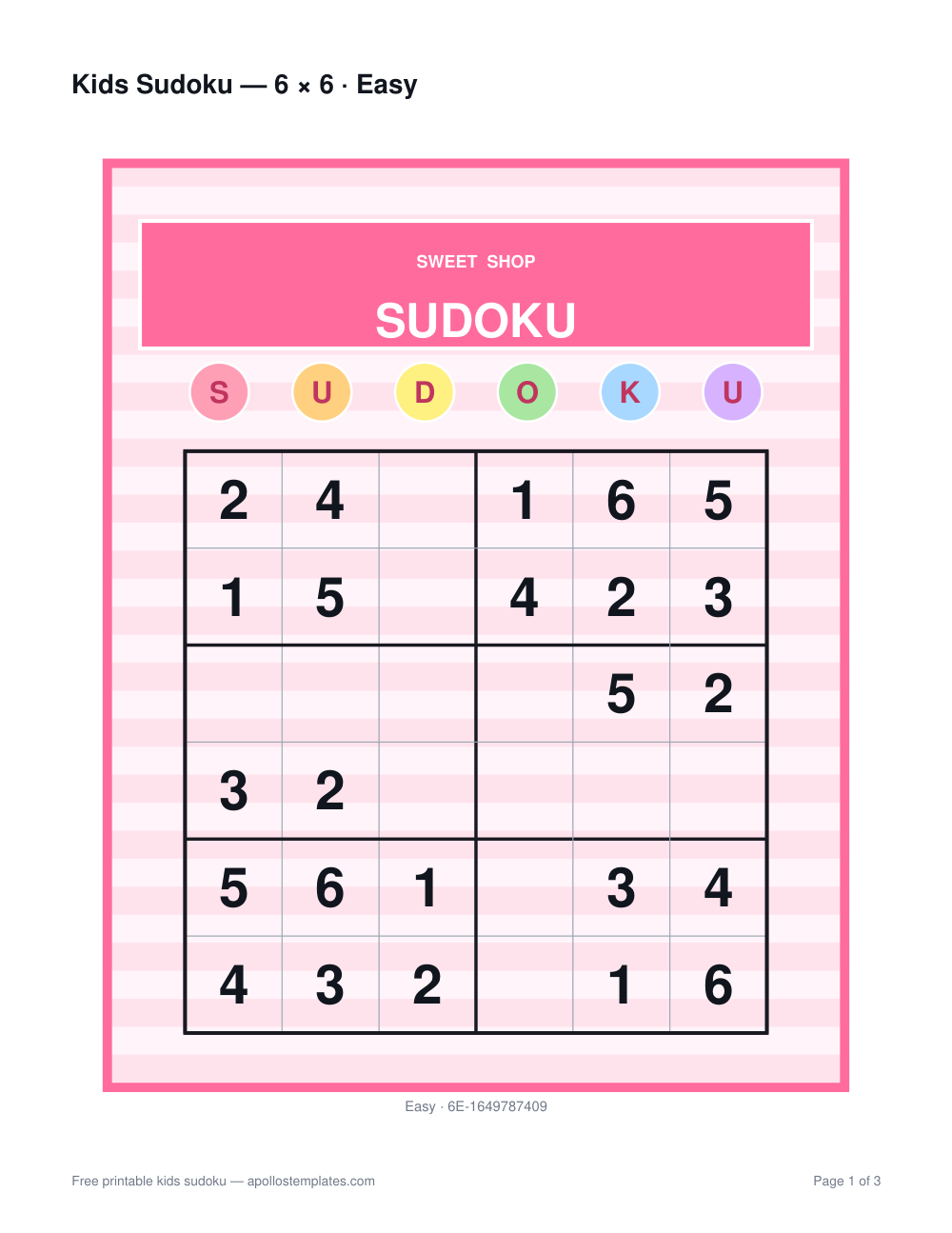 Pink-striped sweet-shop kids sudoku sheet with a SWEET SHOP SUDOKU banner, candy-button letters and a 6×6 grid