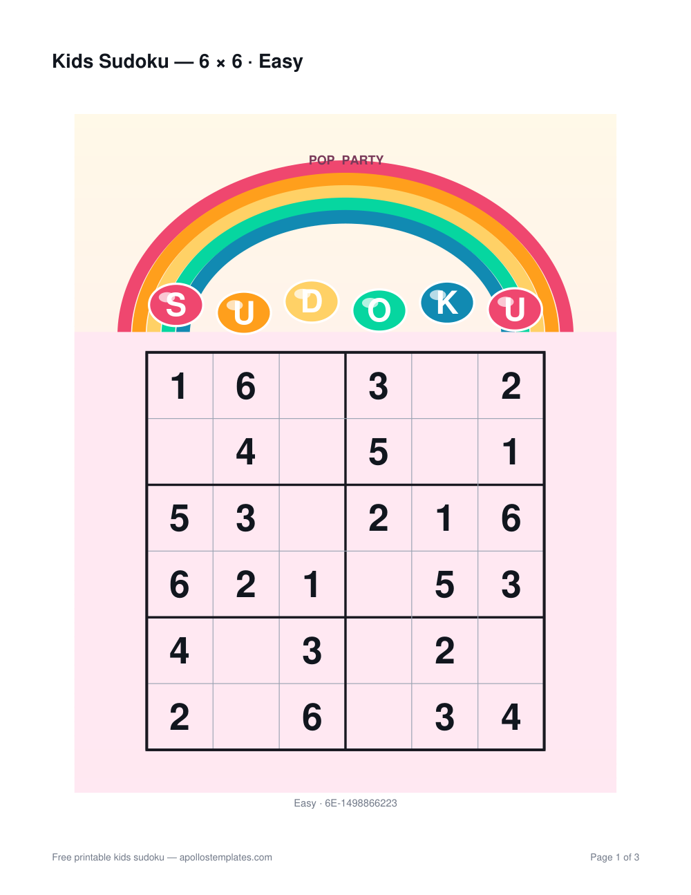 Kids sudoku sheet with a full rainbow arch over glossy SUDOKU letter pills and a 6×6 grid on a pale pink panel