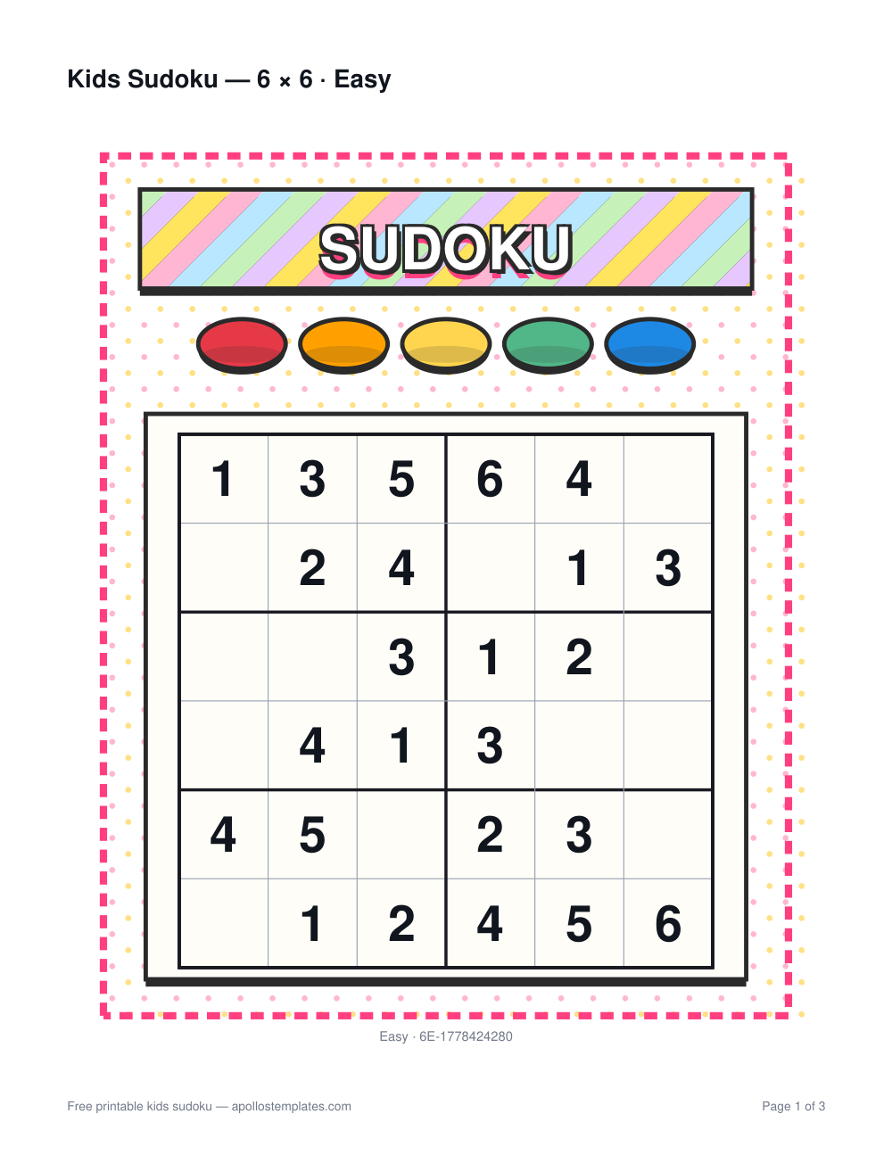 Polka-dot kids sudoku sheet with a striped SUDOKU banner, a row of candy dots and a 6×6 grid inside a dashed pink frame