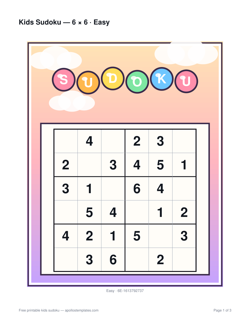 Kids sudoku sheet on a peach-to-purple sky with soft clouds, bubble-letter SUDOKU balloons and a 6×6 grid