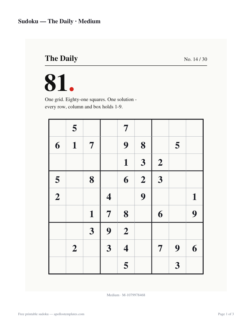 Clean broadsheet-style sudoku sheet titled The Daily in Helvetica with a large red 81 figure, a one-line rules note and the grid set like a newspaper puzzle page