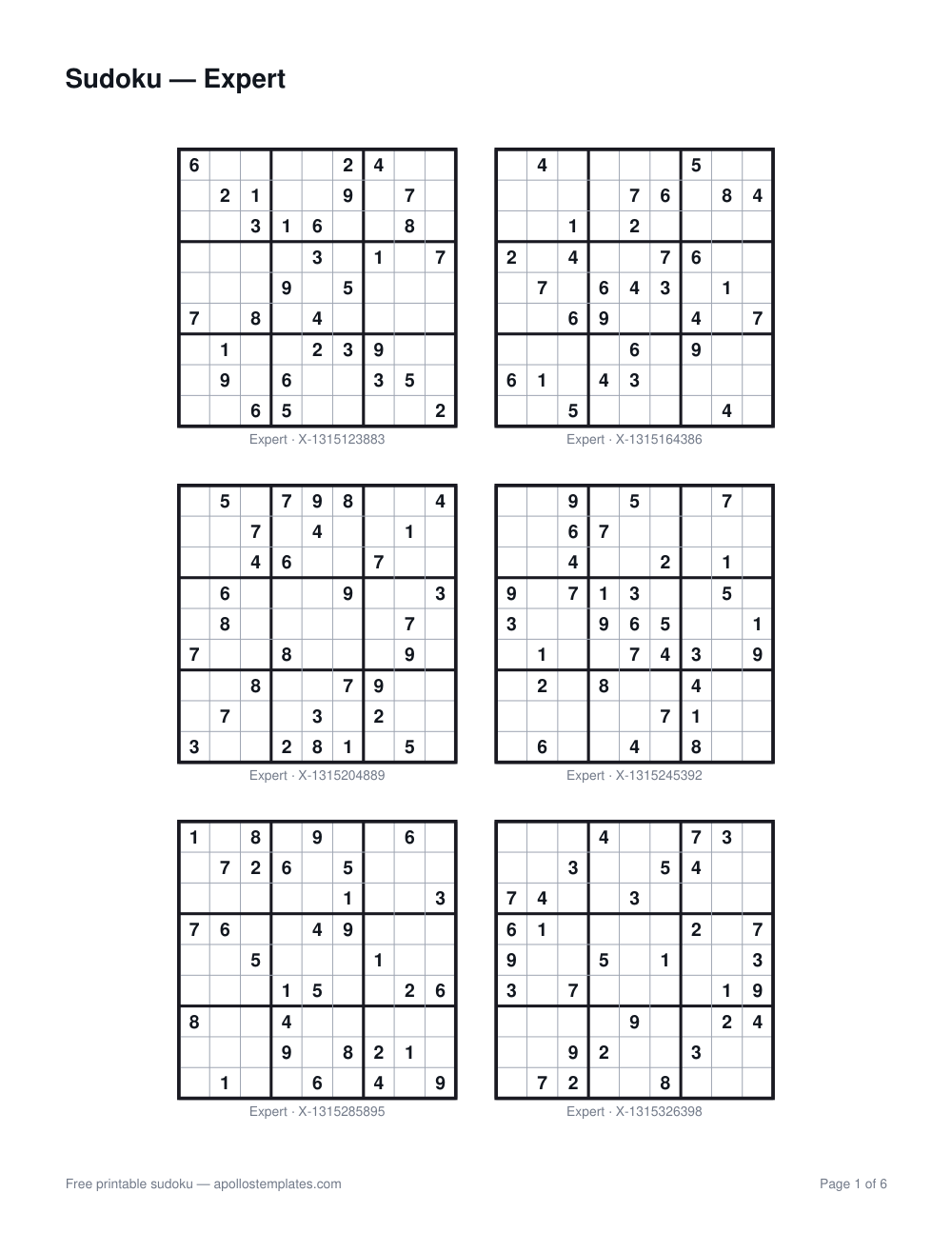 Six expert nine-by-nine sudoku puzzles with very few givens arranged two across and three down on one page
