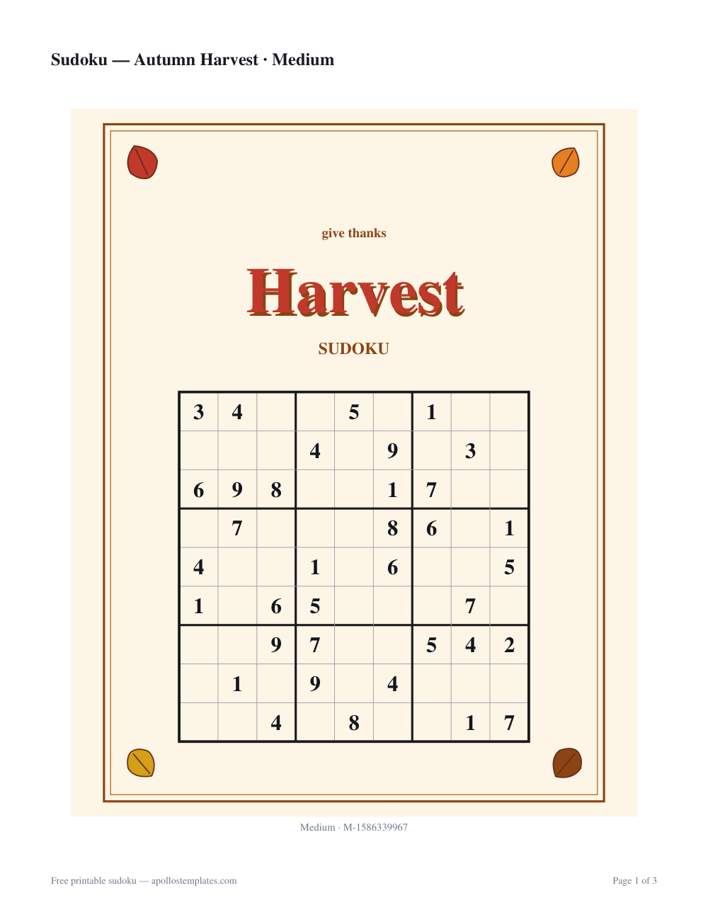 Thanksgiving sudoku sheet on cream with autumn leaves in the corners and a script Harvest title above the 9×9 grid