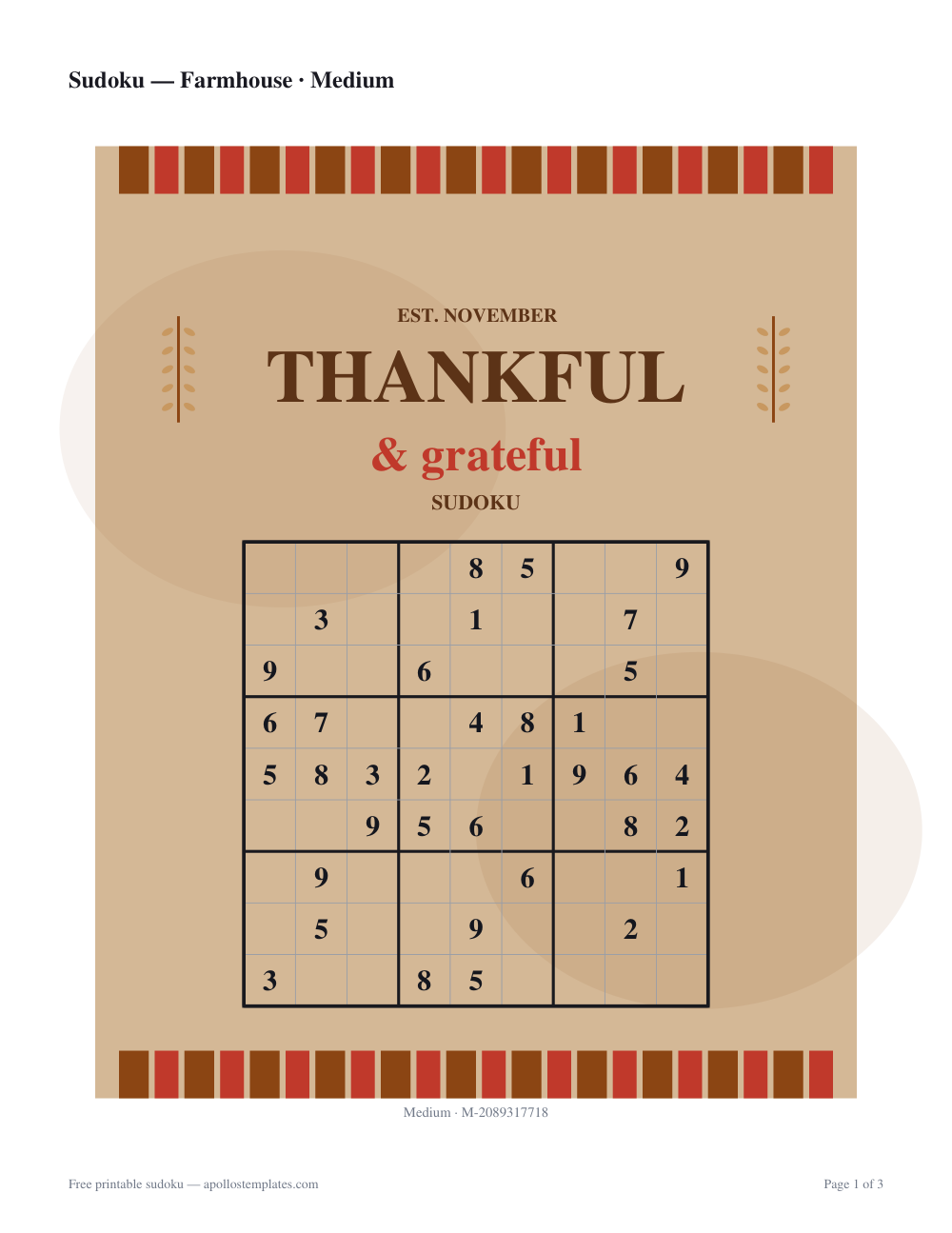 Kraft-paper Thanksgiving sudoku sheet with plaid bands top and bottom, wheat sprigs and a THANKFUL & grateful heading over the grid