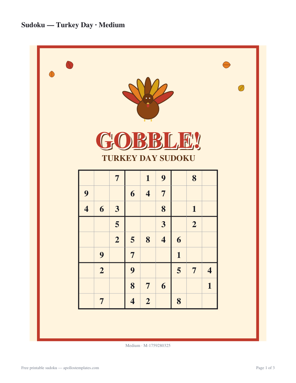 Kid-friendly Thanksgiving sudoku sheet with a red frame, a cartoon turkey above a GOBBLE! headline and the grid below