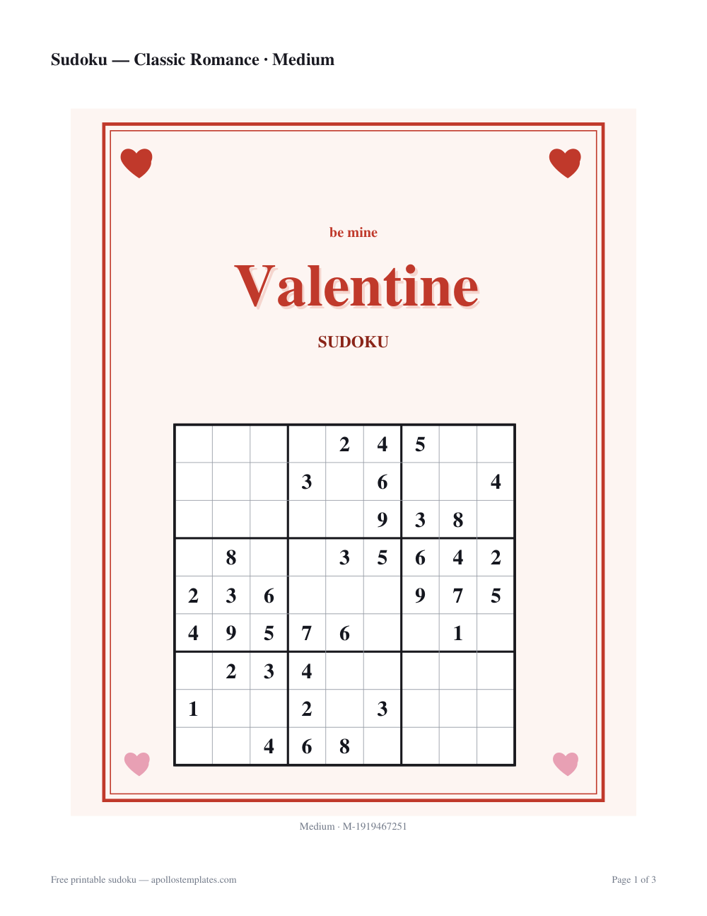 Valentine sudoku sheet on cream with a red heart in each corner, a be mine eyebrow and a red script Valentine title above the 9×9 grid