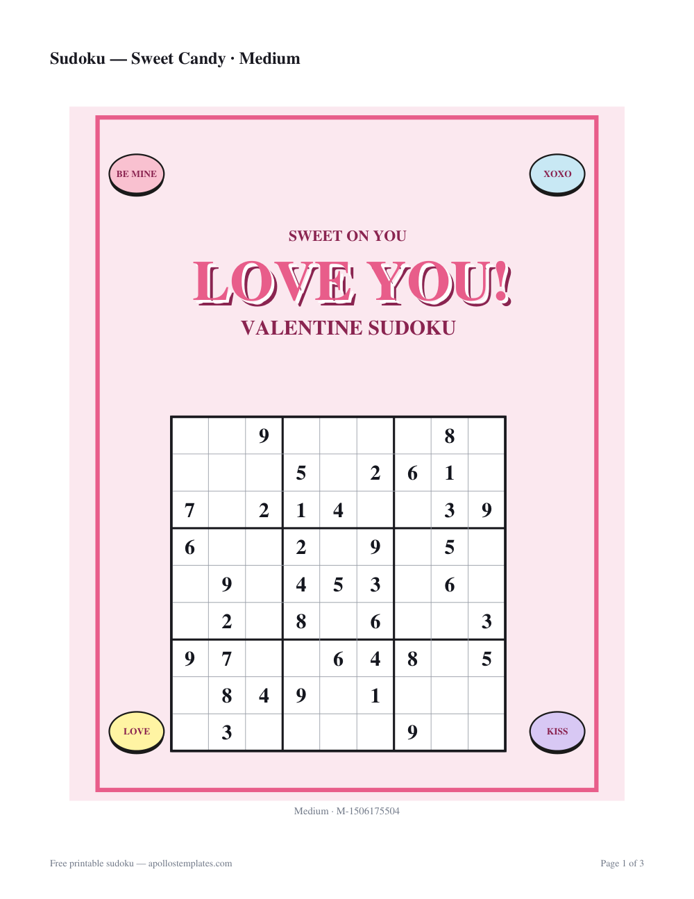 Pink Valentine sudoku sheet scattered with pastel candy hearts and a LOVE YOU heading over the grid
