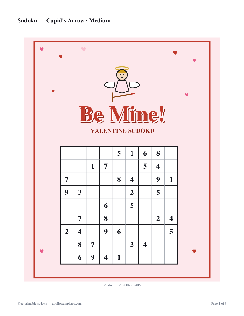 Kid-friendly Valentine sudoku sheet on blush pink with a small cupid, scattered hearts and a Be Mine! title above the centered grid