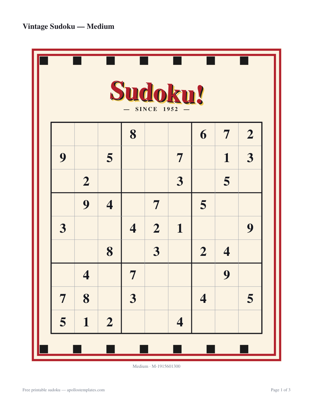 Vintage sudoku sheet on cream with a double red frame, black corner squares and a red script Sudoku! SINCE 1952 title above the 9×9 grid