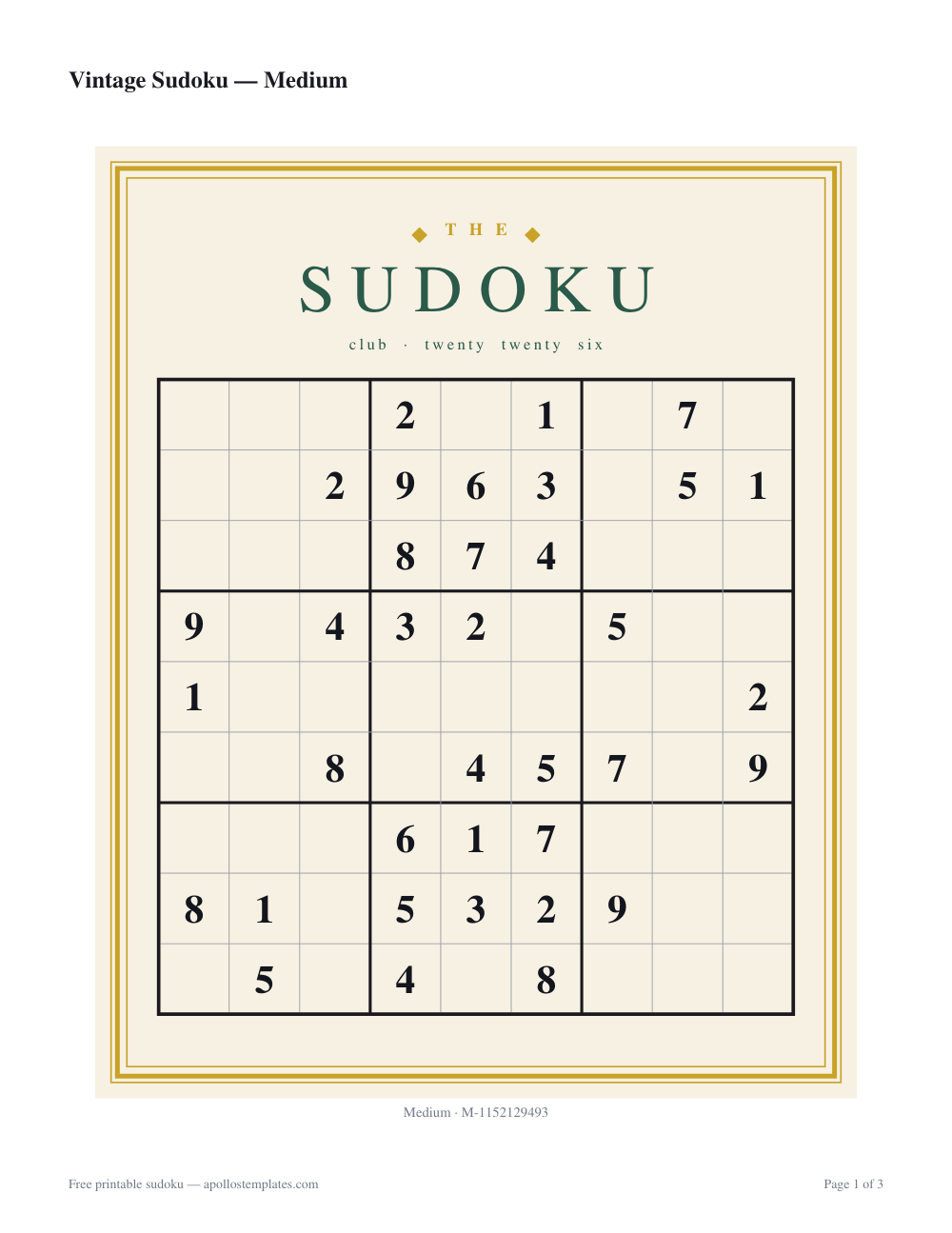 Vintage sudoku sheet on parchment with a triple gold border and widely spaced SUDOKU lettering over the grid, in a 1920s club style