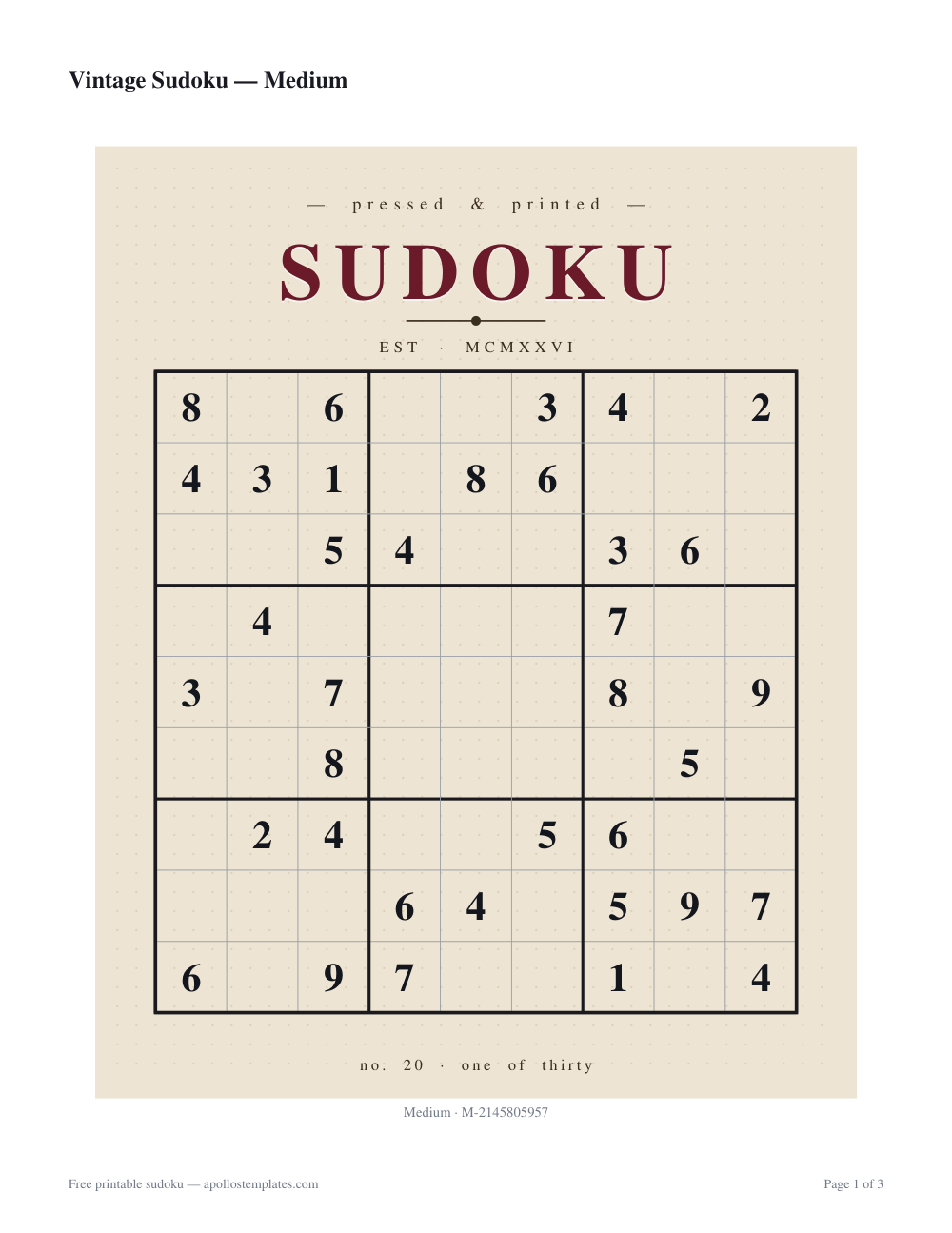 Vintage sudoku sheet on tan aged paper with a pressed-type SUDOKU heading, an EST. MCMXXVI line and a plain black grid