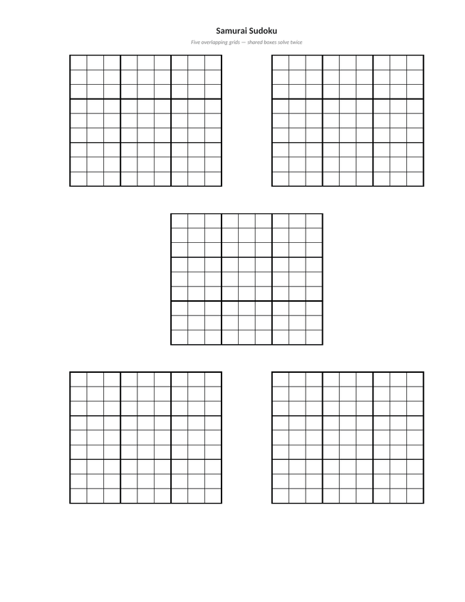 Five nine-by-nine sudoku grids overlapping in a plus shape, the samurai layout, on one spreadsheet page