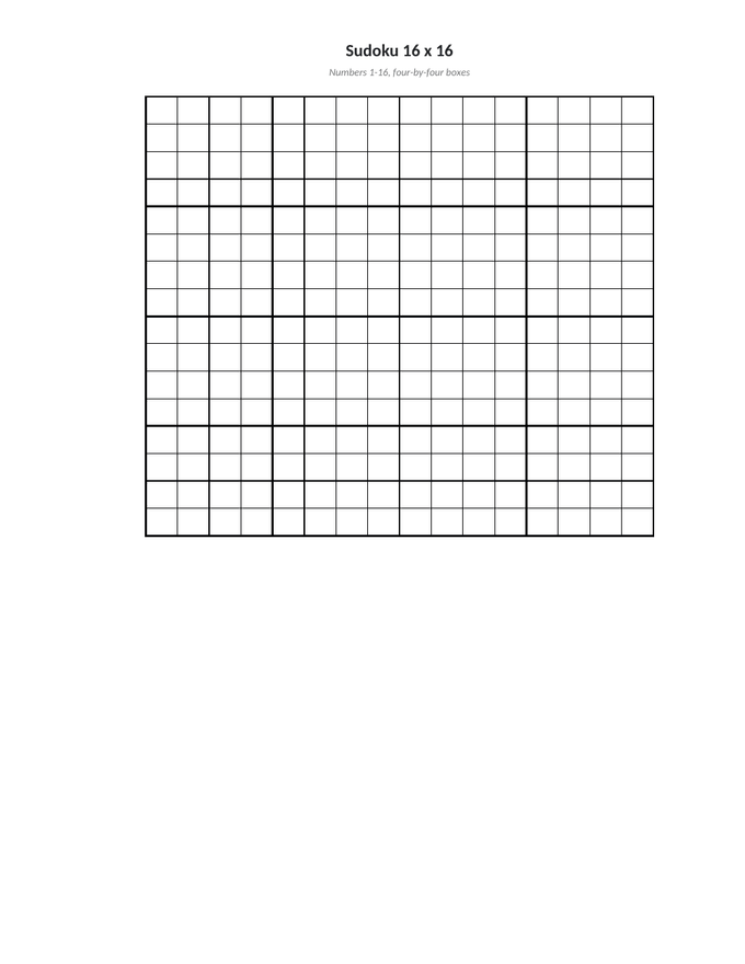 A sixteen-by-sixteen sudoku grid in a spreadsheet, its four-by-four boxes outlined in heavy rule