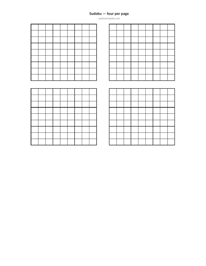 Four empty sudoku grids laid out two across and two down on one spreadsheet page