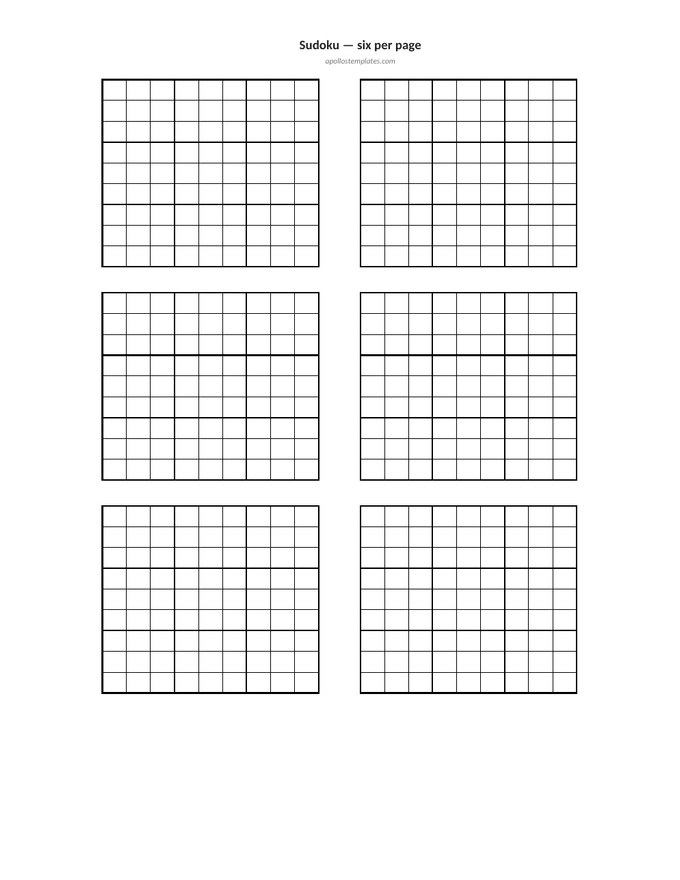 Six empty sudoku grids in three rows of two on a single spreadsheet page