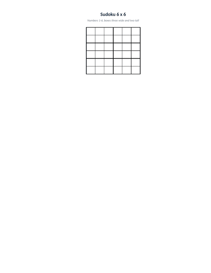 A six-by-six sudoku grid in a spreadsheet, boxes three cells wide and two tall