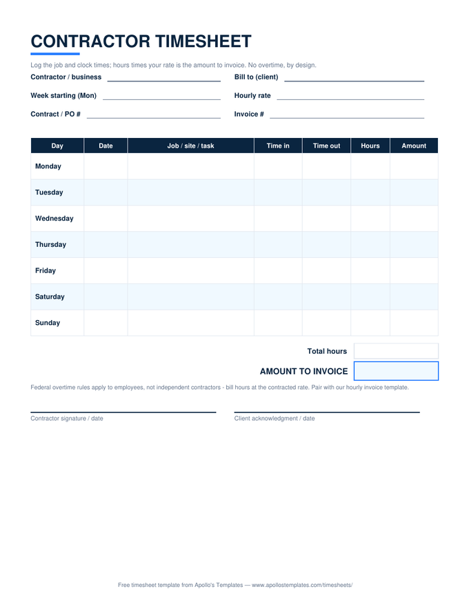 Contractor timesheet with job, clock times, and hours per day totaling to an amount to invoice at the contracted rate