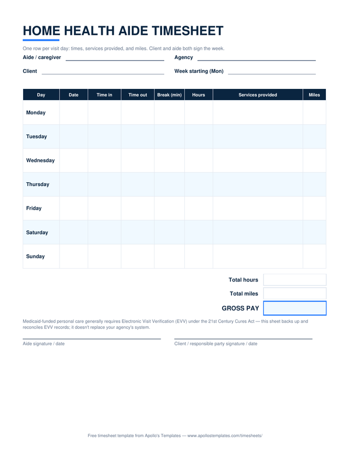 Home health aide — visit sheet preview