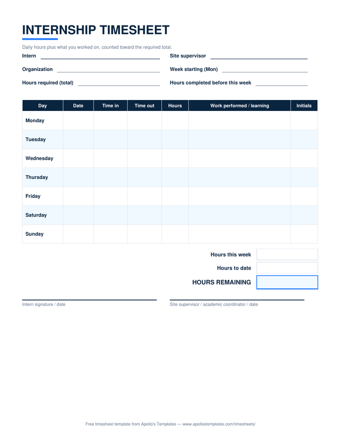 Internship timesheet with daily in and out times, a work-performed column, and hours to date counted against a required total