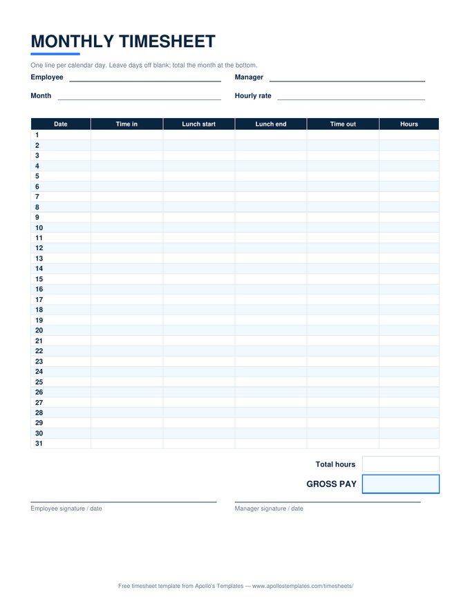 Monthly Timesheet preview