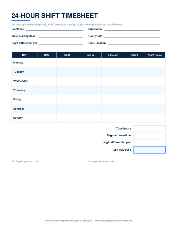 24-hour shift timesheet with shift type, overnight-safe hours, a night-hours column, and a night differential pay line